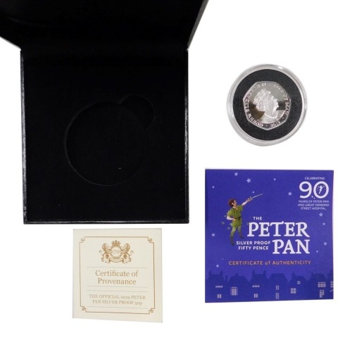 A Peter Pan silver proof fifty pence 2019 coin, with box and packaging.