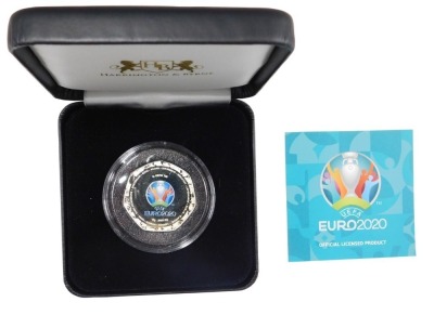 A Euro 2020 Solomon Islands one dollar silver proof limited edition coin, number 658/4950, with box and packaging.