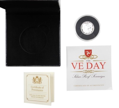 A 2020 VE Day silver proof sovereign, with box and packaging.