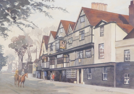 Maurice D. Pavey (20thC). Horse and riders outside public house, watercolour, signed, 26cm x 37cm.