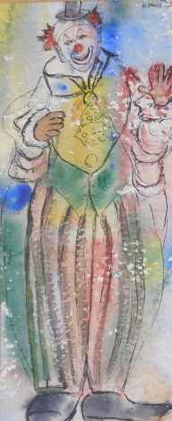 K. Pass (20thC). Happy clown, watercolour, signed and titled verso, 36cm x 15cm.