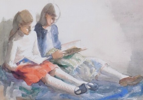 Felicity Jones (20thC). Two little girls, watercolour, signed, dated (19)80, and titled verso, 26cm x 36cm. Artist label verso.