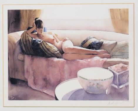 Glynis Barnes-Mellish (b.1953) Nude study, artist signed limited edition coloured print 20/350, 34cm x 44cm. Label verso Crofts Wingates Picture Gallery Market Harborough.