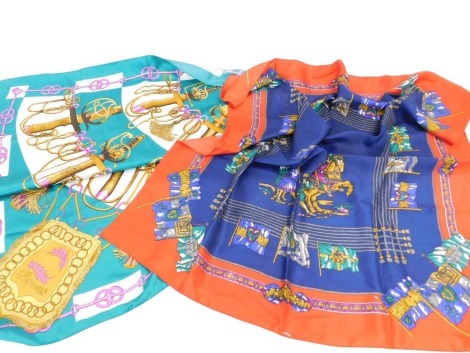 Two silk scarves, comprising one depicting warriors on horseback and flags, and another on a turquoise ground with sword regalia, in the manner of Hermes, 90cm x 90cm. (2)