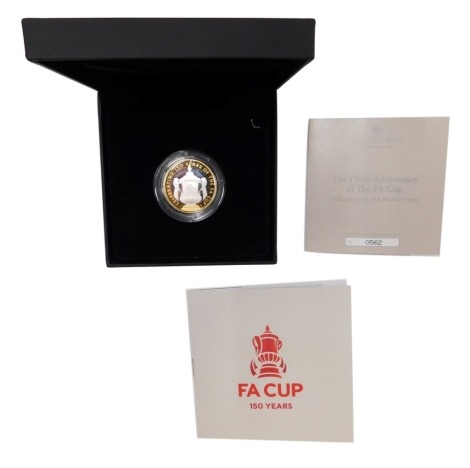 A Queen Elizabeth II 150th Anniversary of the FA Cup UK two pound silver proof coin, numbered 1562, with packaging.