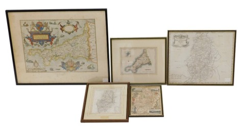 Five framed maps, to include Sarton's Cornwall, After Lewis Cornwall, Thos Mole Nottinghamshire and two other Nottinghamshire amps. (5)