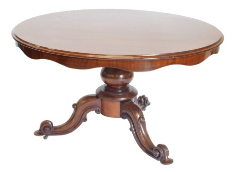 A large Victorian mahogany dining table, the circular tilt top with a moulded edge, on a turned column and scroll carved tripod base, 129cm diameter.