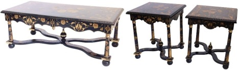 A suite of ebonised and gilt furniture, comprising a pair of occasional tables, each decorated with scrolls, flowers, etc., the square top with a moulded edge above a shaped apron, on turned supports, with X shaped stretcher, and bun feet, 72cm high, 64cm