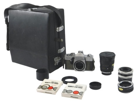 A Praktica NTL3 camera back, and various lenses.