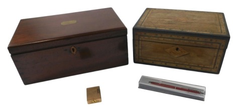 A Victorian walnut and parquetry jewellery box, etc., 25cm wide, and a mahogany box, 30cm wide.