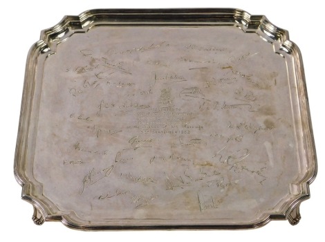 A silver plated square salver, engraved with the inscription 'presented to Captain T J O'Connor by the officers of The Hallam Shires on the occasion of his marriage 5th September 1962', and bearing various facsimile signatures, 30cm wide.