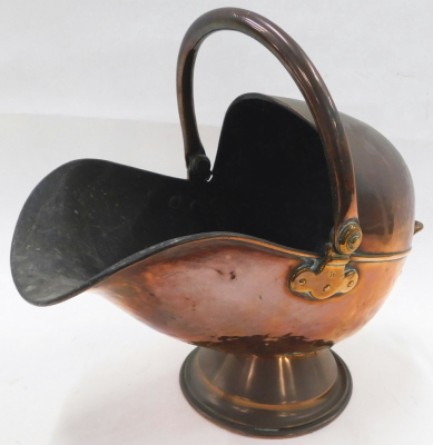 A late 19thC copper coal helmet, with hinged handle, and a kettle. - 3