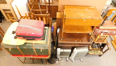 A Steamer type chair, three foot stools, two suitcases, two storage heaters, lamp, oak sideboard, two tier teak trolley, side table, collapsible kitchen table, two side tables, and a pine and canvas bound trunk. (16) WARNING! This lot contains untested or