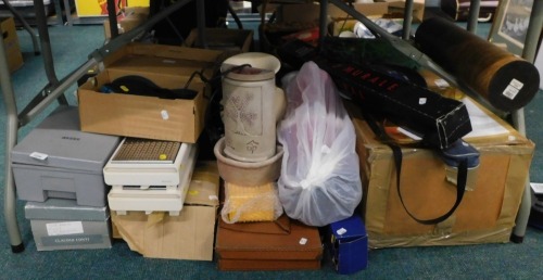 A Tasco 1200 microscope, hot plate warmers, Oriental vases, photo wall, vegetable stock pot, camera bags, light up canvas prints, etc. (all under 1 table)