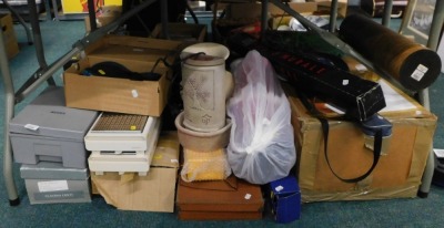 A Tasco 1200 microscope, hot plate warmers, Oriental vases, photo wall, vegetable stock pot, camera bags, light up canvas prints, etc. (all under 1 table)