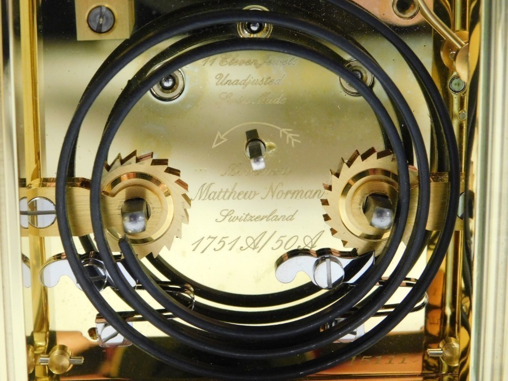 A Matthew Norman brass cased carriage clock, rectangular dial bearing ...