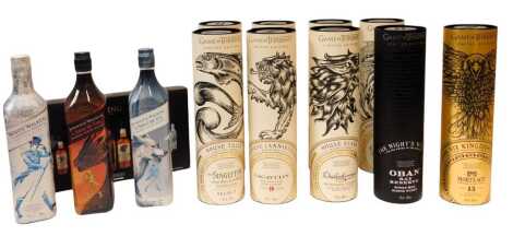 A Game of Thrones whisky collection, comprising nine bottles of Single Malt Whisky, Clynelish 51.2% vol, Oban Bay Reserve, 43.1 vol, Mortlach, aged fifteen years, 46% vol, Royal Lochnagar, aged twelve years, 40% vol, Dalwhinnie Winter's Frost, 43% vol, La