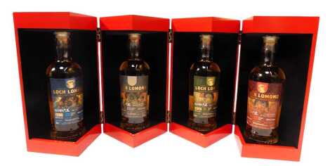 Loch Lomond Four Heavenly Kings Single Malt Whisky collection, comprising twenty-five year old distilled 1996, cask No. 30, 51.4% vol, 70cl, twenty-three year old 1998 distilled, cask No. 189, 52.3% vol, 70cl, twenty-one year old, 2000 distilled, cask No.