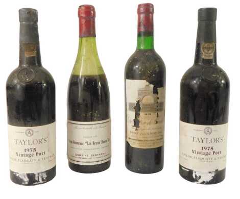 A group of alcohol, comprising two bottles of Taylors 1975 vintage port, Grande Vin de Leoville St Julian Medoc 1975, and Vosme Romanee le Beaux Monts Vas wine. (4)