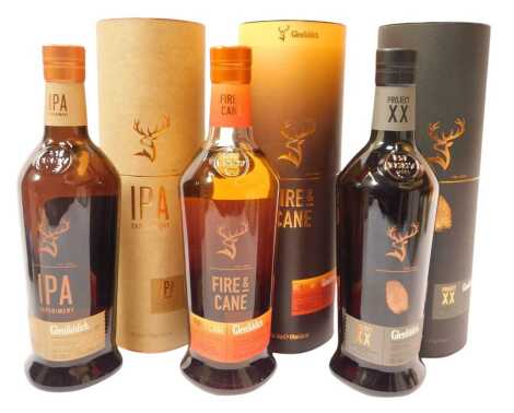 Glenfiddich Single Malt Whisky, comprising IPA Experiment, 43% vol, 70cl, Fire and Care, 43% vol, 70cl, and Project XX, 47% vol, 70cl, each boxed.