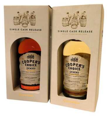 The Cooper's Choice Single Malt Scotch Whisky, 2009 single cask release, 1 of 324 bottles, muscat cask finish, 52% vol, 70cl, and a bottle of 2006, 1 of 725 bottles, heavily peated, 46% vol, 70cl.