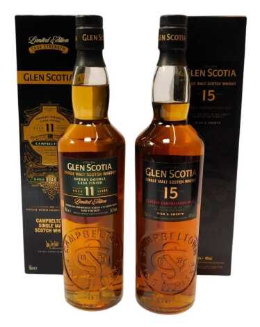 Glen Scotia Single Malt Whisky, comprising Campbeltown aged eleven years, 54.1% vol, 70cl, and aged fifteen years, 46% vol, 70cl, both boxed. (2)