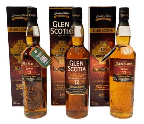 Glen Scotia Single Malt Whisky, aged twelve years, two 54.7% vol, one 53.3% vol, each 70cl, boxed. (3)