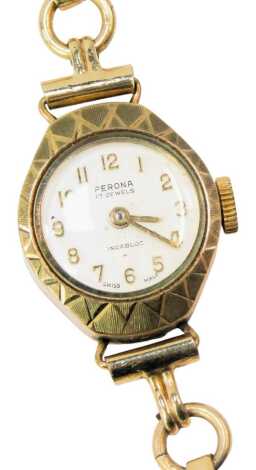 A Corona 9ct gold cased lady's wristwatch, with seventeen jewel movement, on a plated and stainless steel strap, 11.8g all in.