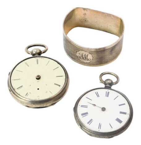 Three items of silverware, comprising two Victorian and later silver pocket watches, and a silver napkin ring, 153.1g all in. (3) (AF)