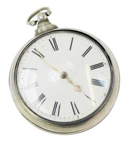 A Victorian silver pair cased pocket watch, the white enamel Roman numeric dial, with key wind, the movement marked Matt Ordo of Hexham and numbered 125, hallmarks rubbed but Birmingham, 160g all in.