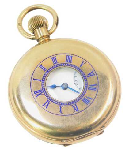 An Illinois Watch Company Elgin gold plated half hunter pocket watch, the case with blue enamel decoration, opening to reveal a white enamel Roman numeric face, with seconds dial and blue hands, bezel wind.