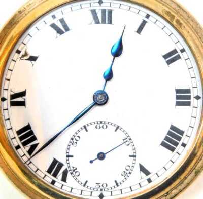 An Illinois Watch Company Elgin gold plated half hunter pocket watch, the case with blue enamel decoration, opening to reveal a white enamel Roman numeric face, with seconds dial and blue hands, bezel wind. - 3