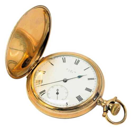 A Elgin gold plated hunter pocket watch, the outer case with engraved floral and hatch design, on white enamel Roman numeric dial with black hands and seconds dial, numbered 8500290, with inner cap revealing seven jewel movement, bezel wind, 102.6g all in