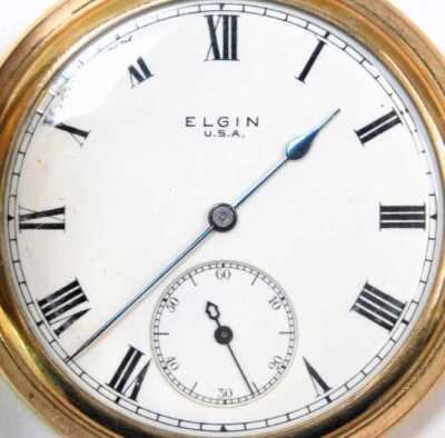 A Elgin gold plated hunter pocket watch, the outer case with engraved floral and hatch design, on white enamel Roman numeric dial with black hands and seconds dial, numbered 8500290, with inner cap revealing seven jewel movement, bezel wind, 102.6g all in - 2