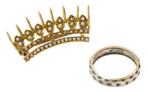 A crown bar brooch, set with seed pearls, on single pin back, yellow metal framed, unmarked, 3cm wide, and a 9ct gold and silver eternity ring, 3.9g all in. (2)