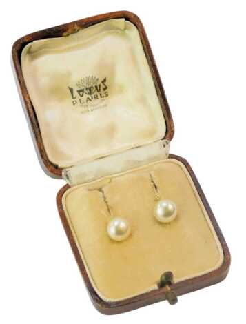 A pair of cultured pearl screw in hoop earrings, yellow metal stamped 9ct, 2.1g all in, boxed. (AF)