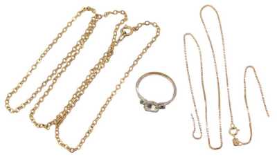 A 9ct gold box link neck chain, 1.5g, and a byzantine link neck chain, the clasp only stamped 9ct, and a costume jewellery dress ring. (3) (AF)