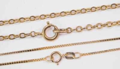 A 9ct gold box link neck chain, 1.5g, and a byzantine link neck chain, the clasp only stamped 9ct, and a costume jewellery dress ring. (3) (AF) - 2