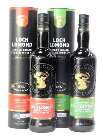 Loch Lomond Single Grain Scotch Whisky, comprising two bottles, unpeated, 46% vol, 70cl, and peated, 46% vol, 70cl, boxed. (2)