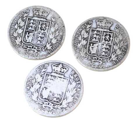 Three Victorian silver half crowns, 1883, 1885 and 1854, 40g. (3)