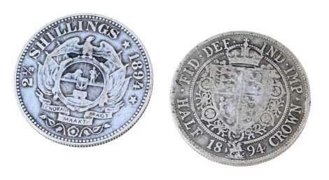 A Victorian silver half crown dated 1894, and a 2½ shilling African Republic coin dated 1894, 27.5g. (2)