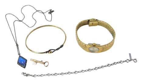 Costume jewellery, to include butterfly pendant and chain, Montine lady's wristwatch, and a silver gilt bangle.