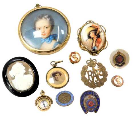 Portrait miniature, in brass frame, cameo brooch, pinchbeck framed portrait brooch, RAF cap badge, etc. (a quantity)