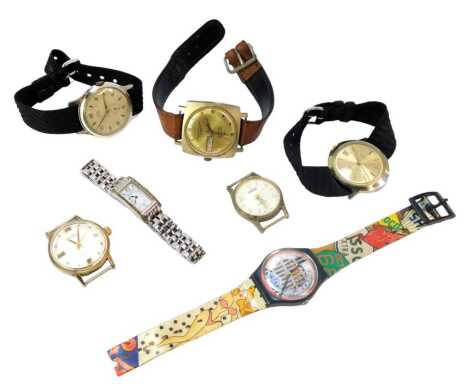 Assorted wristwatches, comprising a Swatch watch in the Esso Extra strap, with six face, Mentor and other wristwatches. (a quantity)