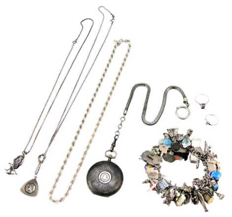 Silver and other costume jewellery, comprising a silver charm bracelet, with various souvenir enamel shields, a griffin pendant and chain, rope twist neck chain, box link neck chain, pocket watch, etc., 266g all in.