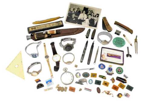 Assorted jewellery and collectables, pin badges, silver plated pocket watch, various wristwatches including Timex, Guinness and Rugby badges, Summit and others, horn-handled penknife, two fountains and a kukri blade. (a quantity)