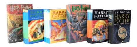 J K Rowling. Six Harry Potter hardback books, comprising Order of the Phoenix, Deathly Hallows (x2), Half Blood Prince, Chamber of Secrets, and The Prisoner of Azkaban, five with dust jackets. (6)