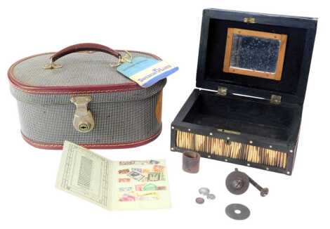 An Elite stamp wallet, a porcupine and bone jewellery box, 11cm high, 22cm wide, 17cm deep, (AF) and a Southampton Swedish Lloyd travel case. (3)