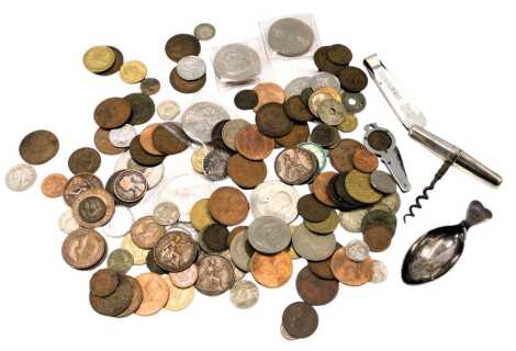 Assorted UK coinage, comprising pennies, halfpennies, shillings, commemorative crowns, corkscrew, etc. (a quantity)