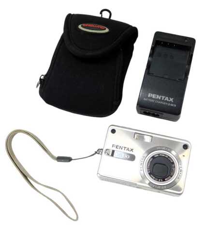 A Pentax Optio digital camera, and accessories.